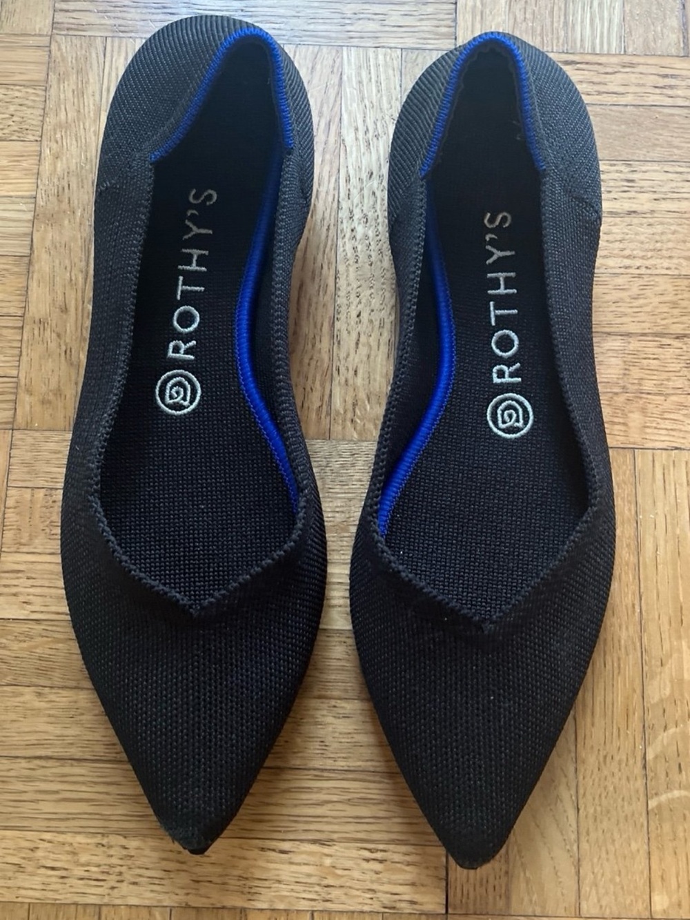 Rothy's Classic The Black Flat With Cobalt Blue Trim Size 8.5